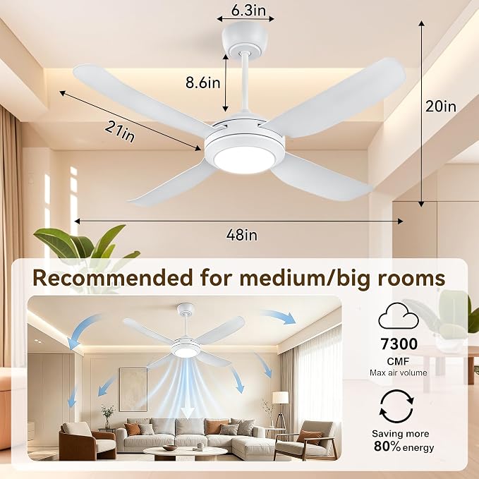 48" Ceiling Fans with Lights,Low Profile Ceiling Fan with Lights and Remote Control,Smart Ceiling Fan,Noiseless Reversible DC Motor,4 Blade White Ceiling Fans,Ceiling Fan for Indoor/Outdoor
