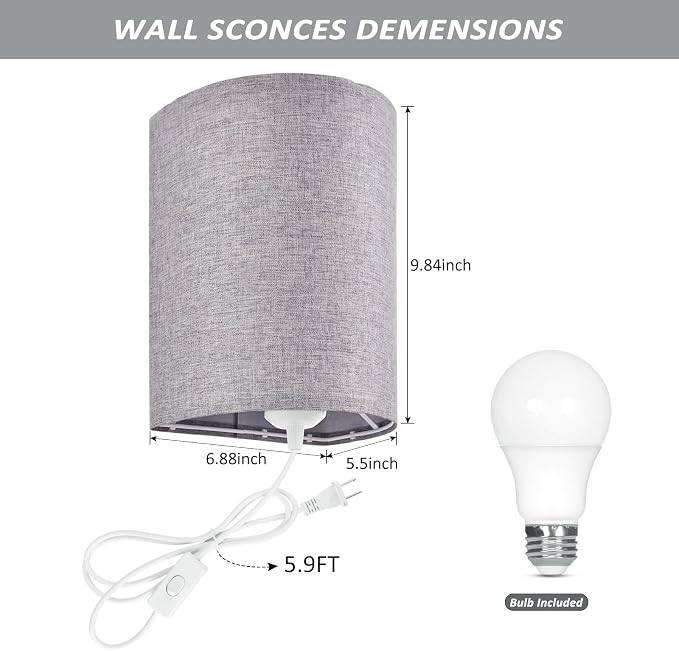 Wall Sconces Set of 2, Plug in Wall Sconces with On/Off Switch, 3-Color Selectable (3000K/4000K/6000K), Fabric Linen Lamp Shades, No Wiring Required, Ideal for Bedroom, Living Room, and Porch (Grey)