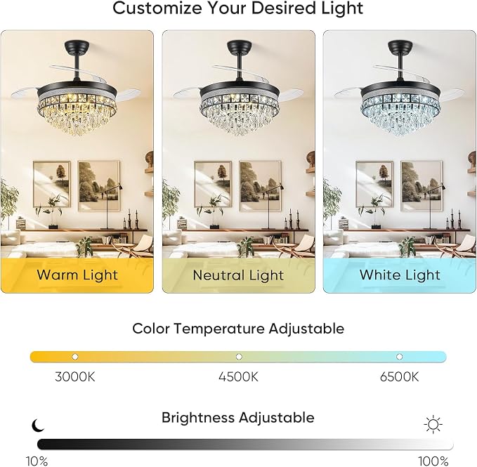 42 Inch Fandelier Ceiling Fan with Light, Chandelier Ceiling Fans with Lights, Crystal Ceiling Fans for Bedroom Living Room, LED Dimmable, 6 Wind Speed,3 Color Temperatures-Black