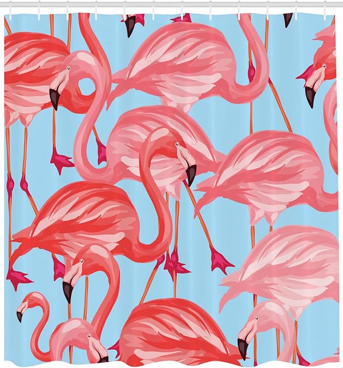 Ambesonne Flamingo Shower Curtain, Tropical Birds Pattern Flamingos Colorful Exotic Animal Nature Artwork, Cloth Fabric Bathroom Decor Set with Hooks, 69" W x 75" L, Blue Coral