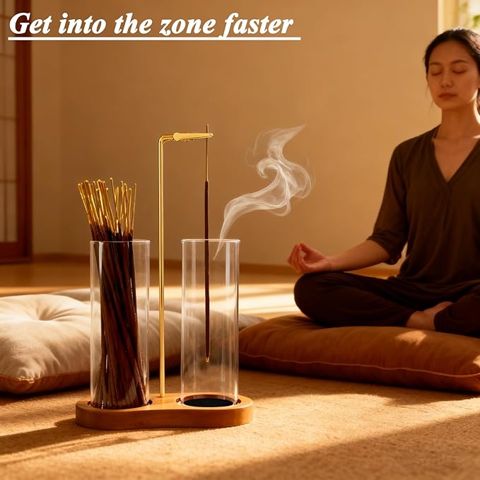 2 in 1 Incense Stick Holder - Glass Incense Holder with Ash Catcher & Incense Storage and Sticky Pads, Anti-Ash Flying Incense Stick Burner for Meditation Yoga Spa Home Office Decor