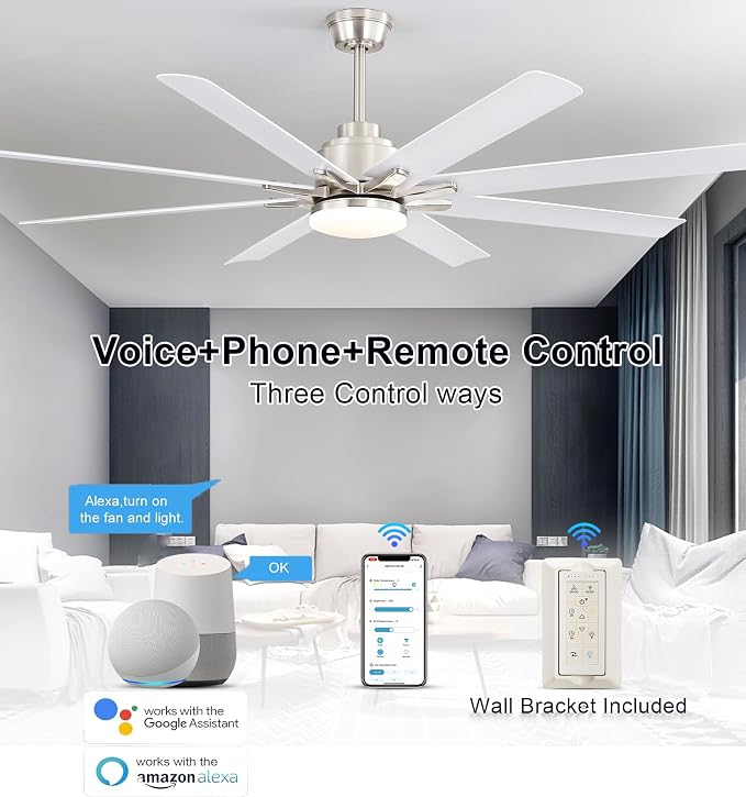 Sofucor 66 Inch Smart Ceiling Fans with Lights, Indoor/Outdoor Ceiling Fan with Remote, Work With Alexa/Google, Reversible DC Motor, Dimmable, 8 Blade Large White Ceiling Fan Light for Bedroom Patio