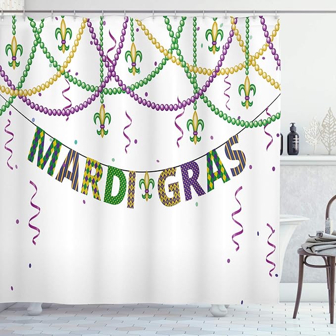 Ambesonne Mardi Gras Shower Curtain, Design with Fleur De Lis Hanging from Colorful Beads, Cloth Fabric Bathroom Decor Set with Hooks, 69" W x 70" L, Purple Green Yellow