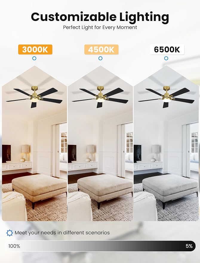 52 Inch Ceiling Fan with Lights and Remote, Downrod Mount, Sloped Ceiling Compatible up to 15°, Quiet Reversible DC Motor, 3CCT Dimmable LED, Gold Ceiling Fan for Bedroom Living Room