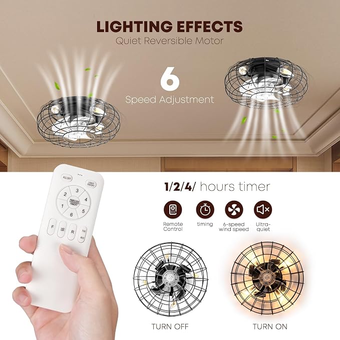 Ceiling Fan with Lights, 18 Inch Caged Ceiling Fan Lights Remote Control Small Industrial Ceiling Fan Light Fixture Flush Mount Farmhouse Light 8 Speeds Bladeless Lights for Bedroom Kitchen