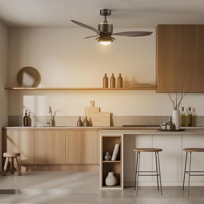 Globe Electric 27106 48" Ceiling Fan with LED Light, Remote Control, WhisperQuiet DC Motor, 6 Speeds, Black with Brass Accents, Reversable Airflow, Ceiling Fans with Lights, Ceiling Lighting