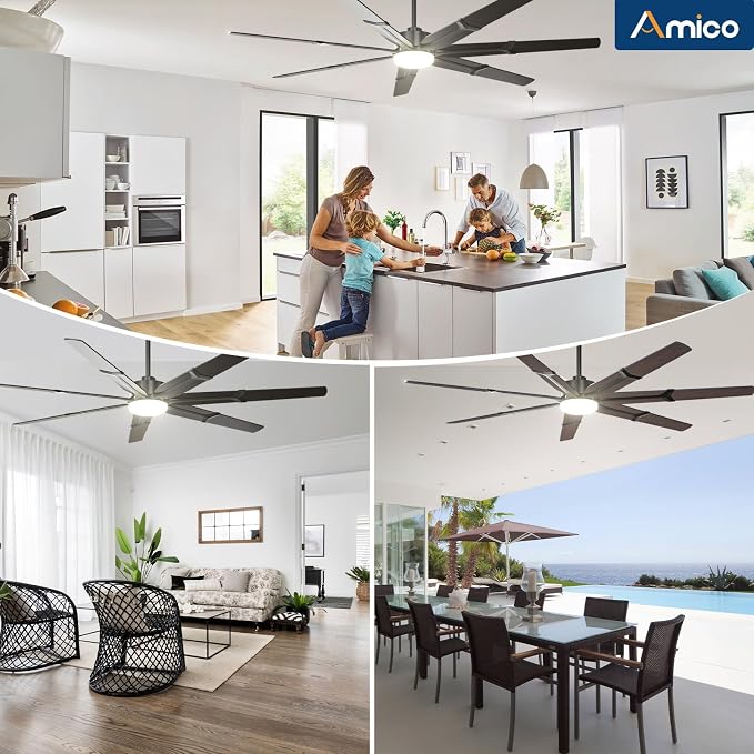 Amico 72 Inch Ceiling Fans with Lights and Remote, Indoor Outdoor Ceiling Fan for Patio Living Room, Kitchen, Quiet 6-Speed Reversible DC Motor, Dual-Sided Blades, Modern Farmhouse Dimmable & 3CCT
