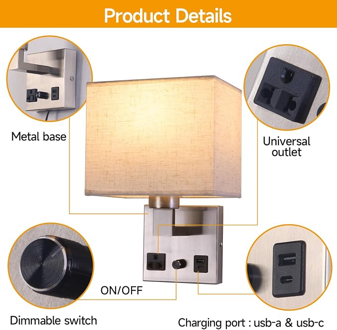 Bedside Wall Lamp for Bedroom, Plug in Wall Sconce - Dimmable Switch with AC Outlet & USB Charging Port, Fabric Shade, Black Wall Mounted Light for Living Room, Hotel (Satin Nickel)