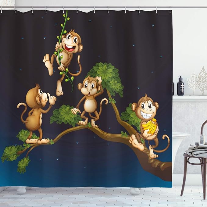 Ambesonne Nature Shower Curtain, Animal Theme Illustration of 4 Monkeys on The Tree Branch Art, Cloth Fabric Bathroom Decor Set with Hooks, 69" W x 75" L, Blue Caramel