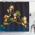 Ambesonne Nature Shower Curtain, Inspired by an Animal Theme Illustration of 4 Monkeys on The Tree Branch Monstera Style of Artwork, Cloth Fabric Bathroom Set with Hooks, 69" W x 70" L, Blue Caramel