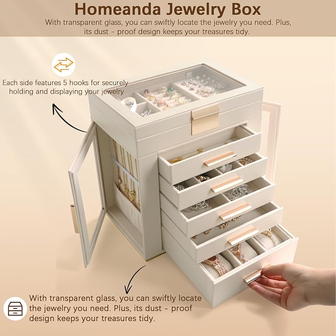 Homeanda 6-Layer Jewelry Boxes for Women, Large PU Leather Storage Organizer with 5 Drawers Glass Lid Case for Rings Necklaces Earrings Bracelets Watches, Gift for Wife and Girls (Beidge)