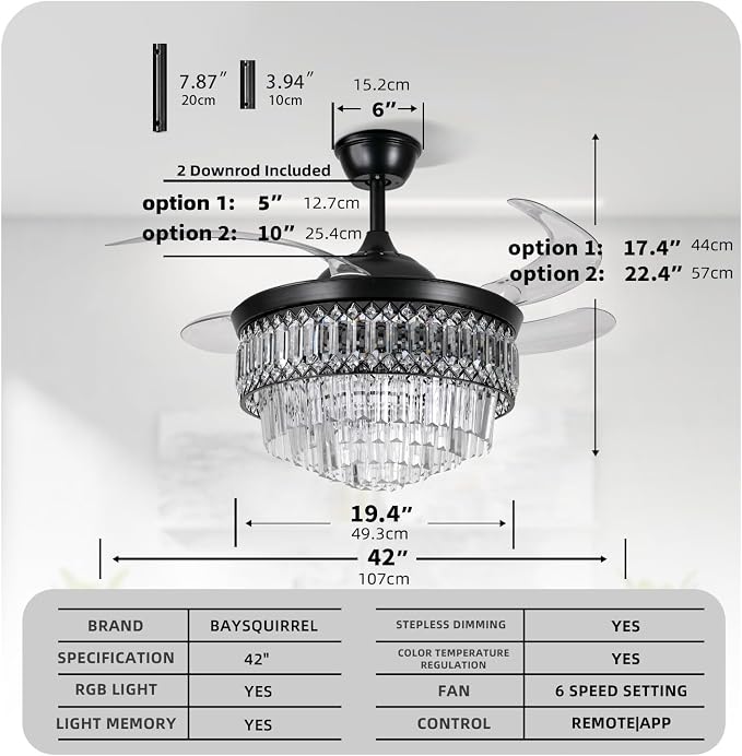 BAYSQUIRREL Retractable Crystal Ceiling Fan with Lights, Bluetooth Ceiling Fan with Speaker, 6-Speed Reversible Blades, RGB-LED Light, Low Profile Modern Fandelier Fan for Bedroom Living Room 42"
