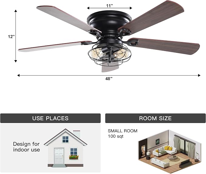 48 Inch Farmhouse Ceiling Fan with Light and Remote, Flush Mount Low Profile Ceiling Fans with Reversible Quiet Motor, Caged Ceiling Fan for Bedroom Living Room Patio