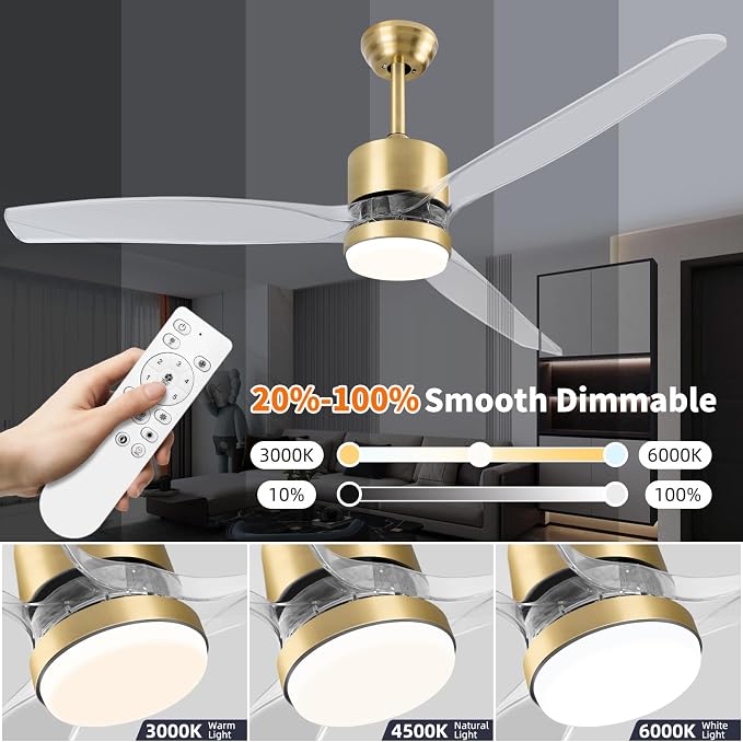 OKELI 52" Smart Ceiling Fan with Light, WiFi Enabled for Alexa & App Control, Reversible Gold Modern Ceiling Fan with Dimmable LED Light and Remote, Clear Blades for Living Room Bedroom