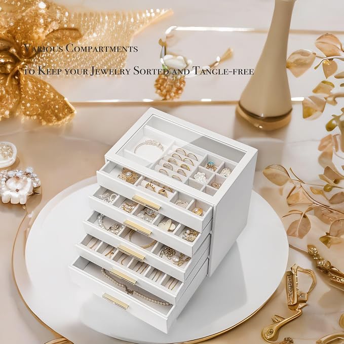 VLANDO 5-Drawer Jewelry Box with Glass Lid, Faux Leather Organizer for Rings Earrings Necklaces and More, Gift-Ready Jewelry Case for Women Girls or Moms, White