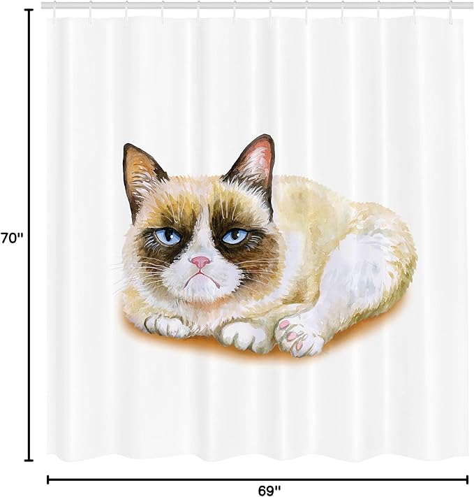 Ambesonne Animal Shower Curtain, Grumpy Siamese Cat Angry Paws Kitten Moody Love Art Print Watercolor Look Print, Cloth Fabric Bathroom Decor Set with Hooks, 69" W x 70" L, Beige and Brown