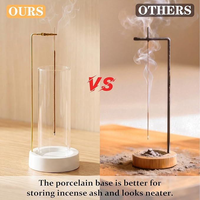 CEREMONY Incense Holder, Ceramic Incense Holder for Sticks with Glass Ash Catcher, Incense Burner for Meditation Yoga Spa Room Decor(Beige)
