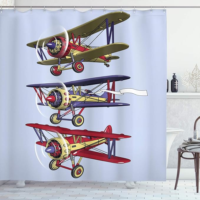 Ambesonne Airplane Shower Curtain, Retro Look 3 Biplanes Flies on a Background of The Pastel Sky Ink Paint Old Fashioned Travel Print, Cloth Fabric Bathroom Decor Set with Hooks, 69" W x 84" L, Aqua