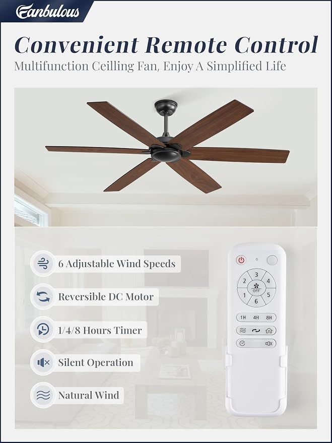 Fanbulous 60 inch Ceiling Fan No Light with Remote | Without Light, Remote Control, Flush Mount Low Profile, Quiet DC Motor & Reversible, Indoor/Outdoor
