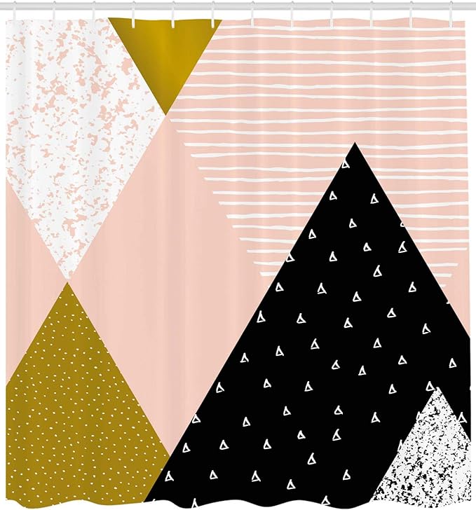 Ambesonne Geometric Shower Curtain, Abstract Composition Hand Drawn Vintage Texture Dots Lines Triangles Modern Art, Cloth Fabric Bathroom Decor Set with Hooks, 69" W x 84" L, Multicolor Blush Black
