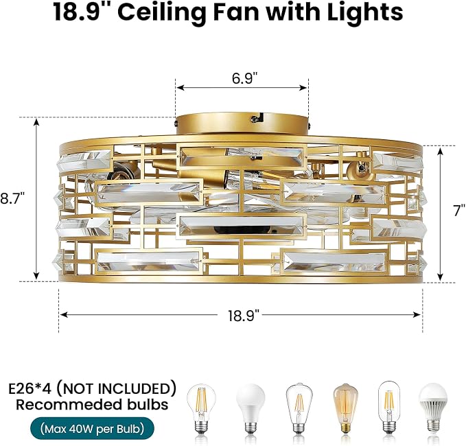 Flush Mount Ceiling Fans Lights: 18.9'' Caged Low Profile Fandelier with Remote/6 Speeds/Timer Gold Crystal Modern Chandelier Fan Light Bedroom Ventilador de Techo for Kitchen Living Dining Room Foyer