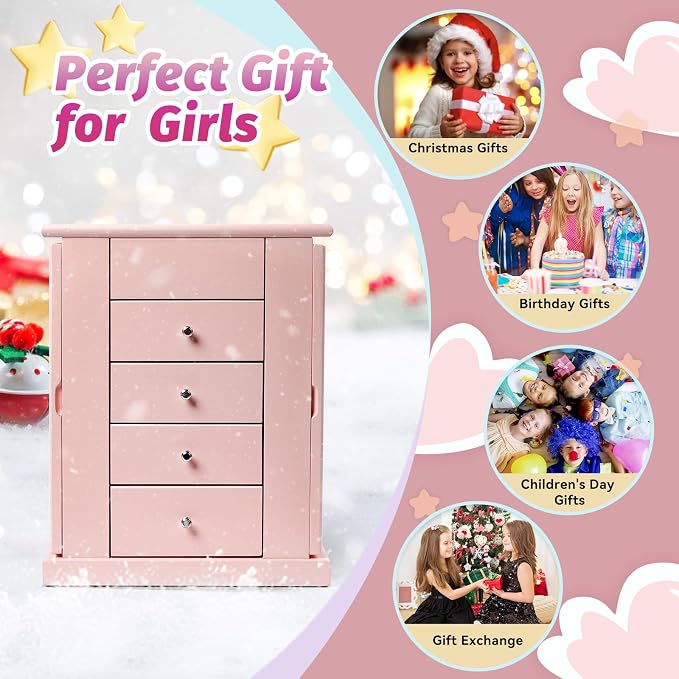 Emfogo Jewelry Box for Girls, Musical Jewelry Box with Spinning Dancer Gifts for Little Girls Christmas New Year Birthday Children's Day, 5 Layer Large Wooden Kids Music Jewelry Organizer Box(Pink)