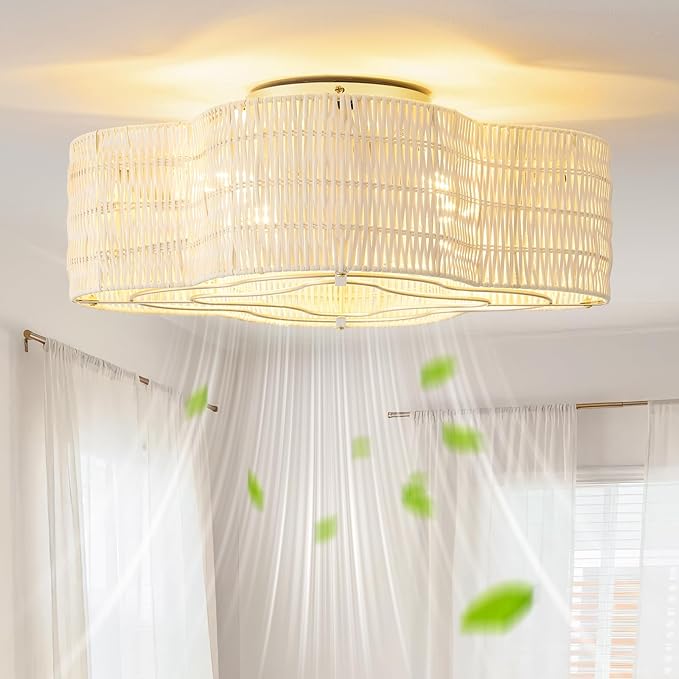 Boho Ceiling Fans with Lights, 20" Low Profile Ceiling Fan with Light Remote Control, Bladeless Flush Mount with 6 Speeds for Bedroom, Nursery, Living Room.