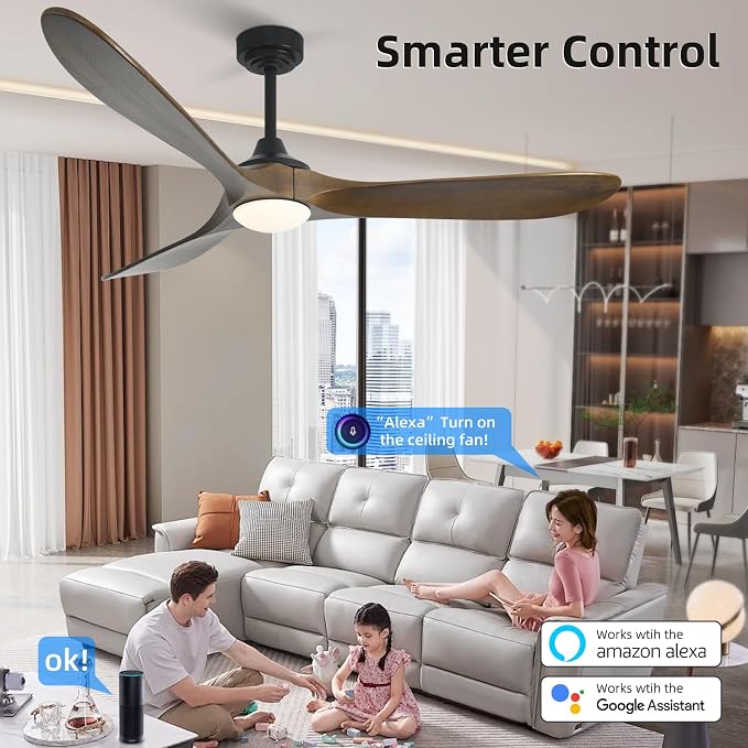 60” Outdoor Ceiling Fan with Light 3 Downrods, Smart Wood Ceiling Fan Compatible with Alexa/Google/App, 3 Blades Modern Walnut Wood Ceiling Fans for Kitchen Living Room Patio,Bronze
