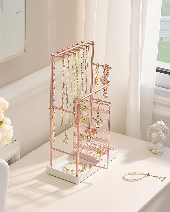 ProCase Jewelry Stand Holder Organizer and Storage, Rosegold (No-Assembly) | Rotating Earring Bracelet Holder Storage, Hanging Jewelry Display Velvet Ring Tray, Teen Girls Birthday Gifts Room Dorm Decor