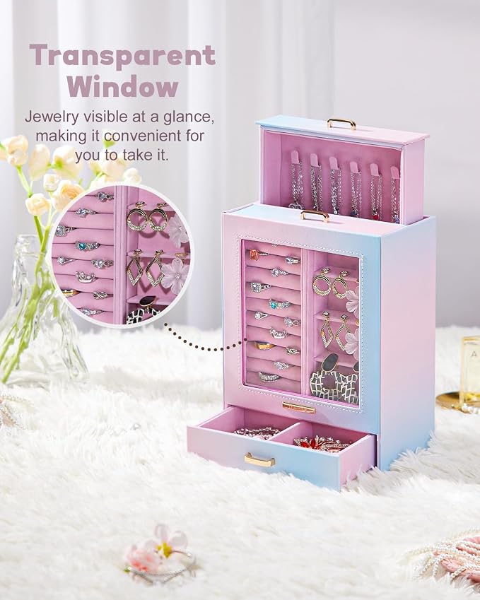 Homde Display Jewelry Box for Girls: Starter Organizer with Clear Window | Vertical Drawers for Earrings Rings Necklaces - Compact Footprint Fits Small Vanities - Birthday&Graduation Gift for Teens