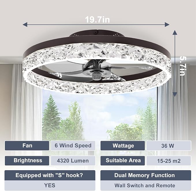 VOLISUN Modern Ceiling Fans with Lights and Remote, No Assembly, 19.7in Low Profile Ceiling Fan Flush Mount, 3000K-6500K Dimmable Bladeless LED Fan Light, Brown Fandelier Ceiling Fans for Bedroom