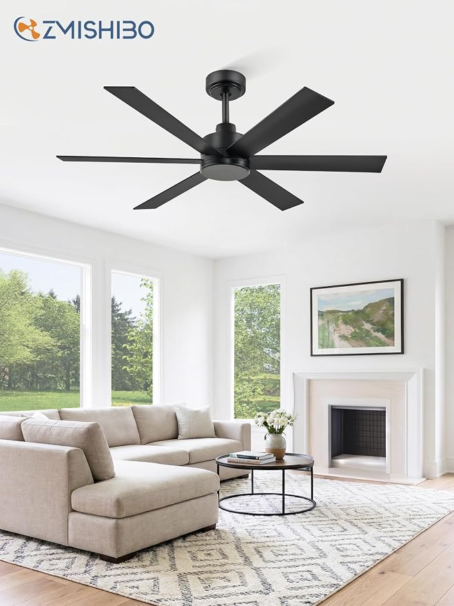 ZMISHIBO 48 Inch Ceiling Fan No Light, Black Ceiling Fan Without Light, 6 Blades, Quiet Reversible DC Motor, 6-Speeds, Modern Ceiling Fan for Living Room, Bedroom, Patio, Indoor/Outdoor Use