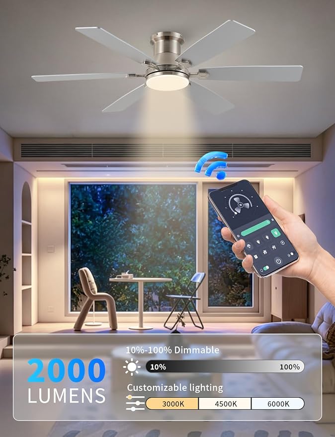 52inch Low Profile Ceiling Fan with Light and Remote/APP Control, LED Dimmable DC ReversibleModern, Flush Mount,6 Blade,Nickel Ceiling Fan for Bedroom Living Room/Outdoor Use