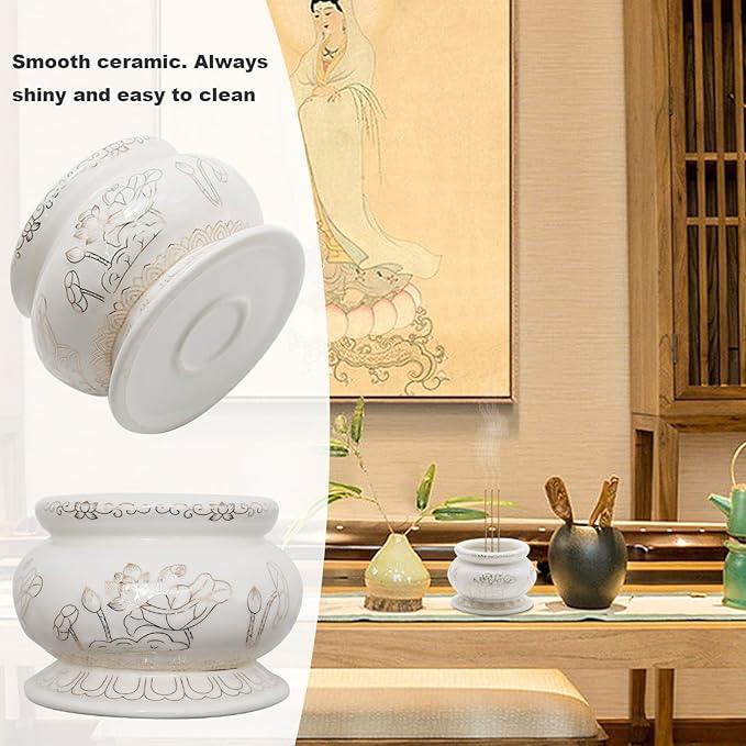 4 Inches White Ceramic Incense Small Burner Pot for for Meditation, Prayer & Yoga for Praying Buddha Tibetan Buddhist Altar Incense Censer