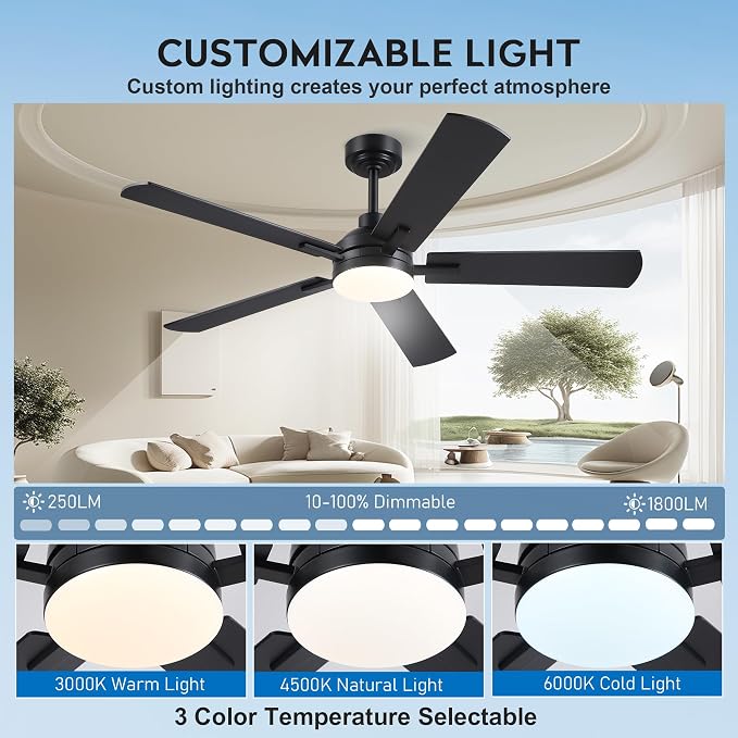 JSAITEE Ceiling Fans with Lights - 52Inch Low Profile Flush Mount Ceiling Fan with Light and Remote Control, DC Reversible Motor, Dimmable, 6 Speeds Ceiling Fan for Bedroom, Kitchen, Black