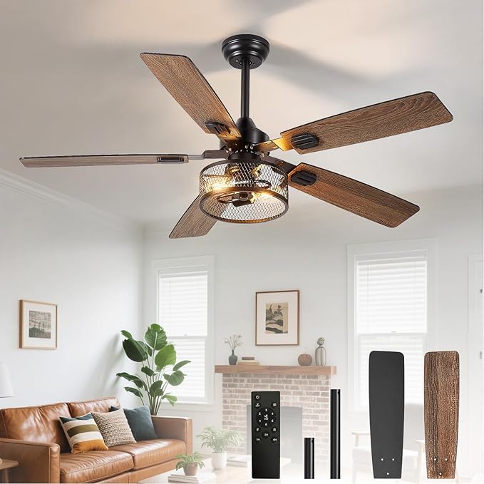 Depuley 52-Inch Ceiling Fans with Lights: Caged Ceiling Fans Dual Finish 5 Blades - Farmhouse Ceiling Fan with Remote Control for Rustic Living Room Outdoor Patio Reversible (Black Walnut)