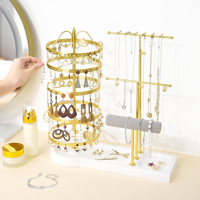 Jewelry Organizer Stand, Metal Rotating Earring Holder Organizer, Multi-Functional Adjustable Necklace Rack Holder Bracelet Watch Holder for Jewelry Earrings Ring (Gold)
