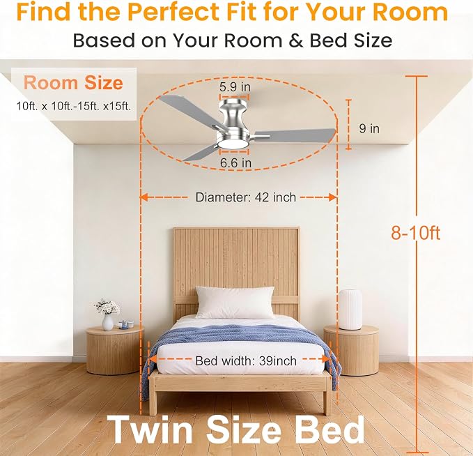 OPONL Ceiling Fan with Light, 42 inch Low Profile Ceiling fan with Light and Remote Control, Reversible, 6CCT, Dimmable, Noiseless, Nickel Ceiling Fan for Bedroom, Indoor/Outdoor Use, Modern