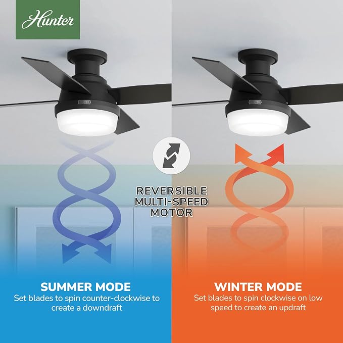Hunter Dempsey, Indoor, Ceiling Fan, Modern, Quiet, 44 inch, Matte Black | with LED Light and Remote Control, Low Profile Mount, 4 Blades, For Bedroom, Living Room, Kitchen, 52390