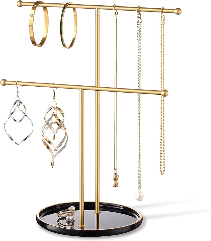 Jewelry Stand with Ceramic Tray, Necklace Holder, Gold Bar Black Base
