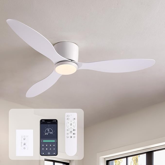 LUDOMIDE Ceiling Fans with Lights,52 Inch Low Profile Ceiling Fan with Wall Control and Remote Control,Dimmable,Flush Mount Ceiling Fan with Noiseless DC Reversible Motor for Bedroom Indoor Use
