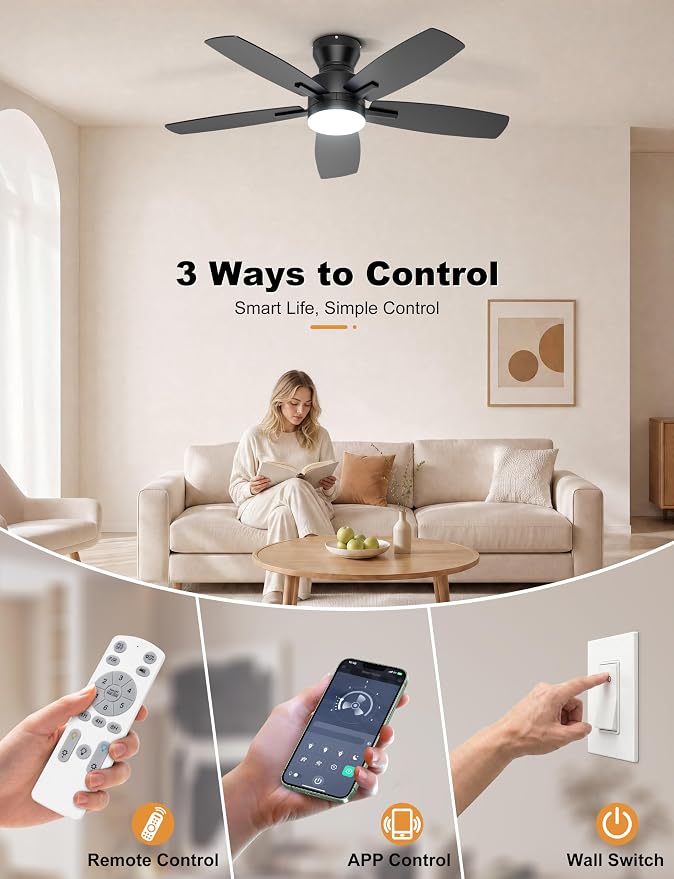 Ohniyou Ceiling Fans with Lights, 42'' Low Profile Ceiling Fan with Light and Remote/APP Control, Modern Flush Mount Ceiling Fan for Indoor Bedroom Kitchen, Dimmable, Quiet DC Motor, Black