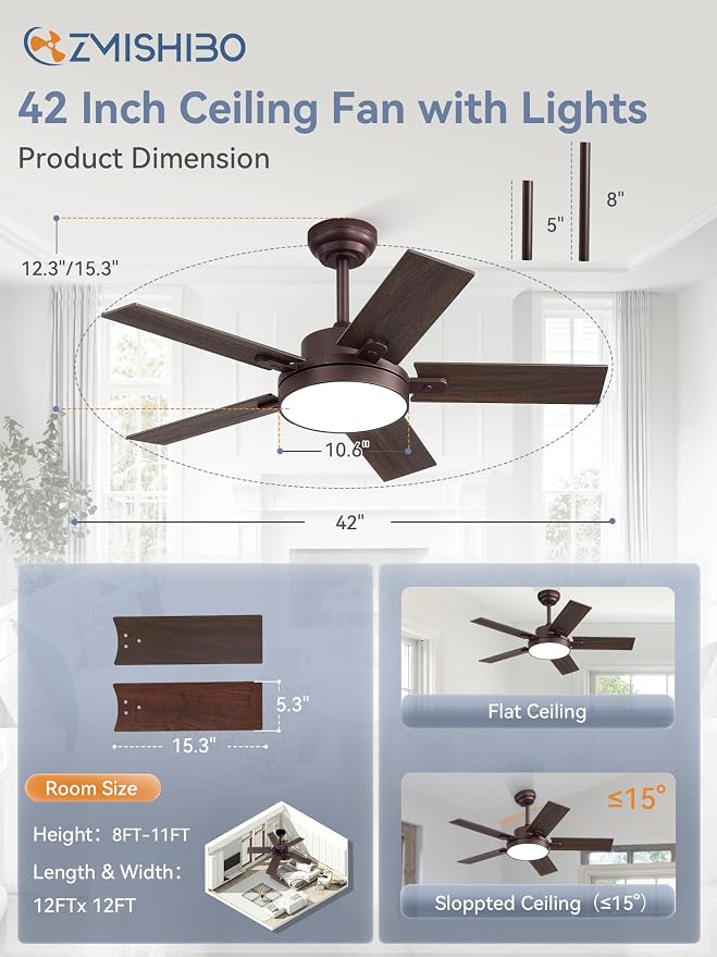 ZMISHIBO 42" Ceiling Fans with Lights, Smart Remote/APP Control, Farmhouse Ceiling Fan with 6 Speeds & 3CCT, Dimmable 30W LED, Quiet DC Motor, Noiseless for Living Room, Bedroom, Kitchen, Oil Bronze