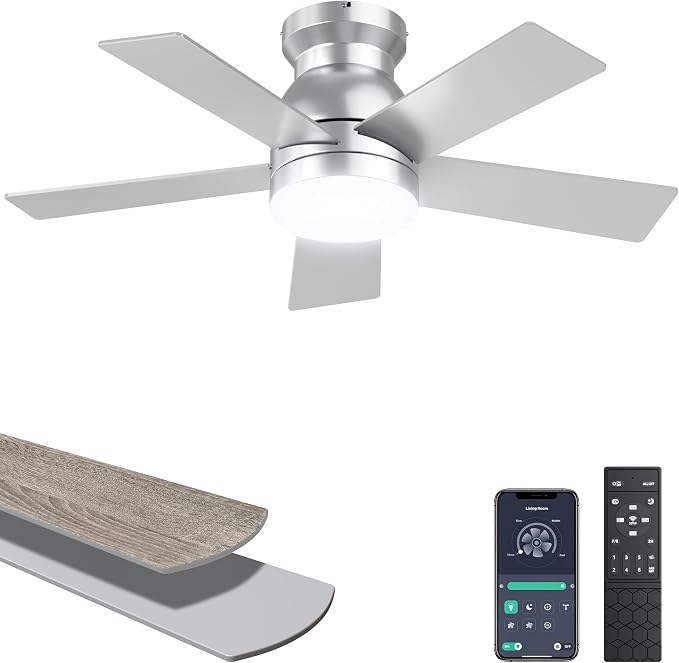 Ohniyou Ceiling Fans with Lights, 32 Inch Low Profile Ceiling Fan with Light and Remote/APP Control, Flush Mount, Dimmable, Quiet DC Motor, Silver Small Indoor Ceiling Fan for Bedroom, Kitchen
