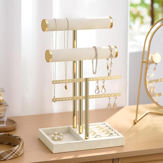 Bracelet Holder Jewelry Organizer Display - 3 Tier T Bar Velvet Stand, Beige Jewelry Storage for Bracelet, Necklaces, Earrings, Rings, Watches