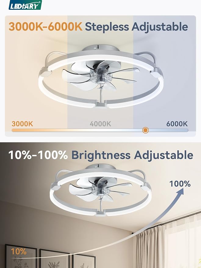 LEDIARY 2 Pack Ceiling Fans with Lights and Remote, 20'' Low Profile Ceiling Fan with Light, 3000-6000K Dimmable Fandelier LED Fan Light, 6 Wind Speeds, Grey Flush Mount Ceiling Fan for Bedroom