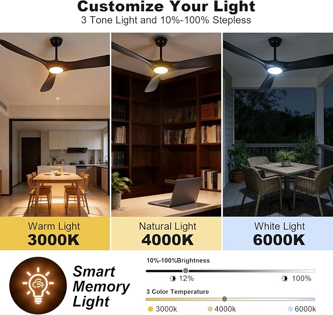 60 Inch Ceiling Fans with Lights and Remote, Wood Outdoor Ceiling Fan with 6 Speed Noiseless DC Motor, Indoor Modern 3 Blade Propeller Ceiling Fan for Bedroom Living Room Gazebo Patio (Black)