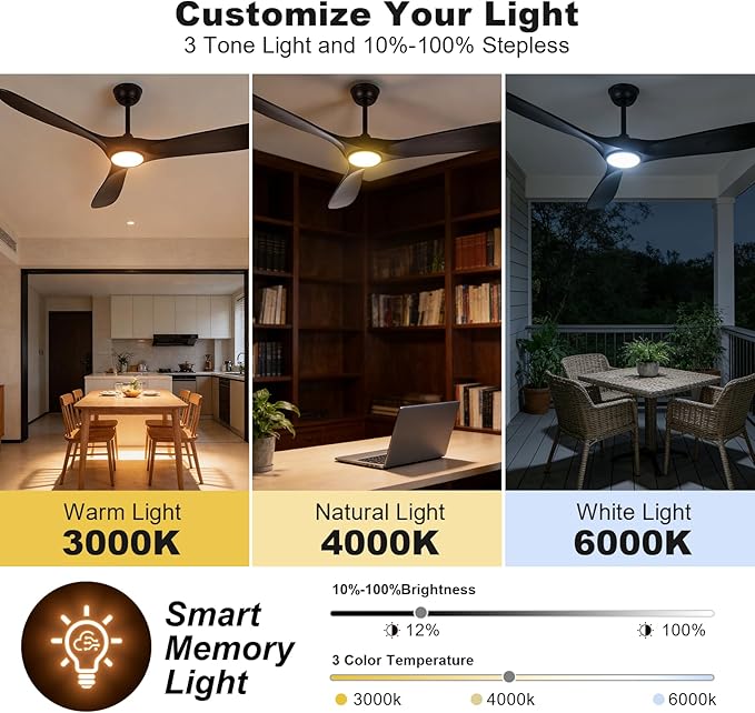 72 Inch Ceiling Fans with Lights and Remote, Wood Outdoor Ceiling Fan with 6 Speed Noiseless DC Motor, Indoor Modern 3 Blade Propeller Ceiling Fan for Bedroom Living Room Gazebo Patio (Black)