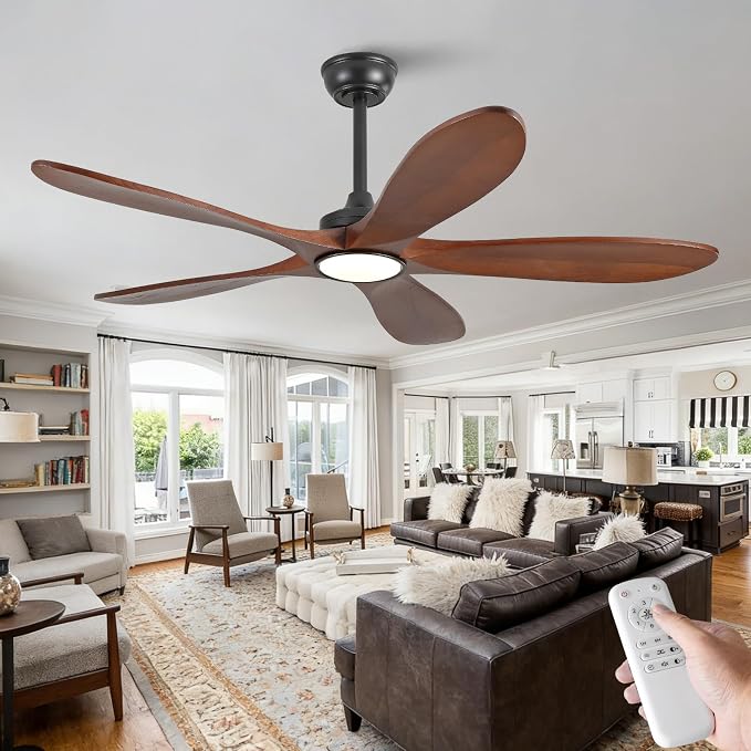 60 Inch Wood Ceiling Fans with Lights and Remote Control, Indoor Outdoor Modern Black Ceiling Fan with Light for Patio Office,Bedroom, 5 Blades, Dimmable, Reversible DC Motor, Memory Function