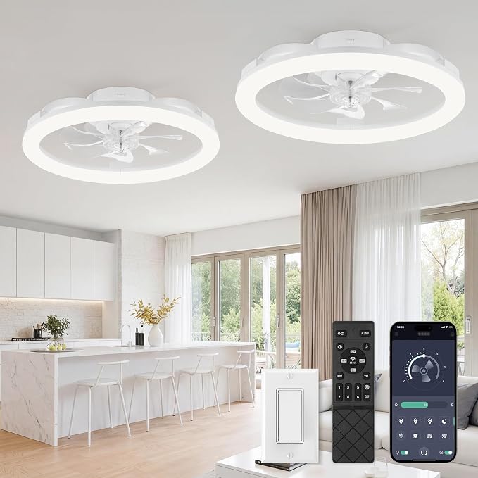 LEDIARY 2 Pack 20 Inch Low Profile Ceiling Fans with Lights and Remote, Dimmable Modern Fan Light(3000K-6000K), 6 Speed, Reversible, APP & Remote Control, Flush Mount Ceiling Fan for Bedroom, White